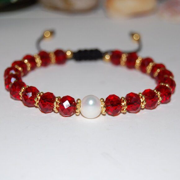 Pearl Bracelet,Fresh Water Pearl,Crystal Glass Beads,Drawstring,Red Bracelet - Picture 3 of 3